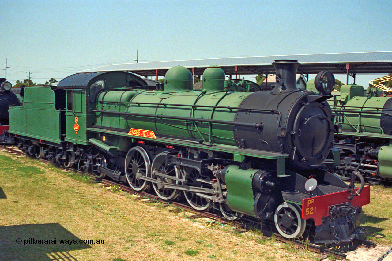 208-1-07
Bassendean, Rail Heritage WA Museum, exhibit #14, Pr class Pacific 4-6-2 steam engine Pr 521 'Ashburton', one of ten units built by WAGR Midland Workshops in 1937 as class leader Pr 138 'Ashburton' and renumbered to 521 in 1946. Pr 521 'Ashburton' was also the first of the class to be withdrawn in 1969 and then condemned in 1970 and donated to the Museum in 1971.
