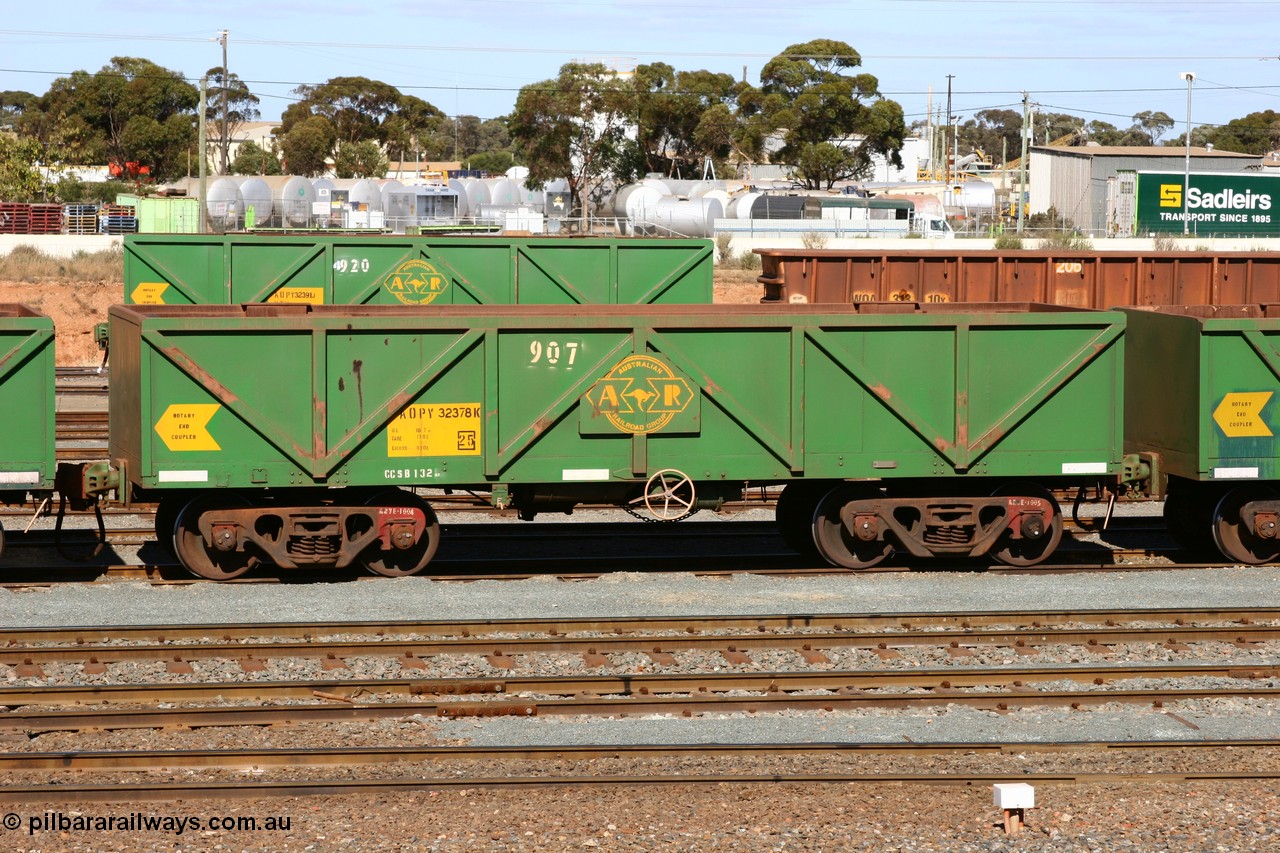 060528 4424
West Kalgoorlie, AOPY 32378, fleet number 907, one of seventy ex ANR coal waggons rebuilt from AOKF type by Bluebird Engineering SA in service with ARG on Koolyanobbing iron ore trains. They used to be three metres longer and originally built by Metropolitan Cammell Britain as GB type in 1952-55, 28th May 2006.
Keywords: AOPY-type;AOPY32378;Bluebird-Engineering-SA;Metropolitan-Cammell-Britain;GB-type;
