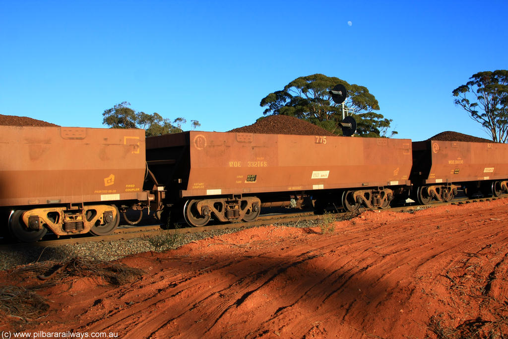100731 02310
WOE type iron ore waggon WOE 33276 is one of a batch of thirty five built by Goninan WA between January and April 2005 with serial number 950104-016 and fleet number 775 for Koolyanobbing iron ore operations, on loaded train 6413 at Binduli Triangle, 31st July 2010.
Keywords: WOE-type;WOE33276;Goninan-WA;950104-016;