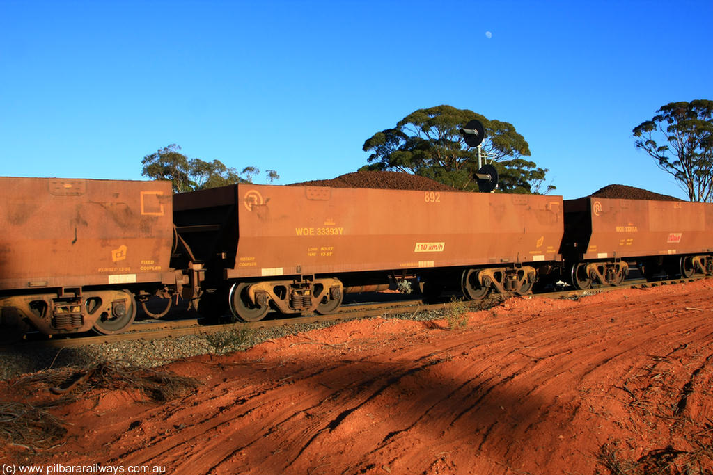 100731 02312
WOE type iron ore waggon WOE 33393 is one of a batch of one hundred and forty one built by United Group Rail WA between November 2005 and April 2006 with serial number 950142-098 and fleet number 892 for Koolyanobbing iron ore operations, on loaded train 6413 at Binduli Triangle, 31st July 2010.
Keywords: WOE-type;WOE33393;United-Group-Rail-WA;950142-098;