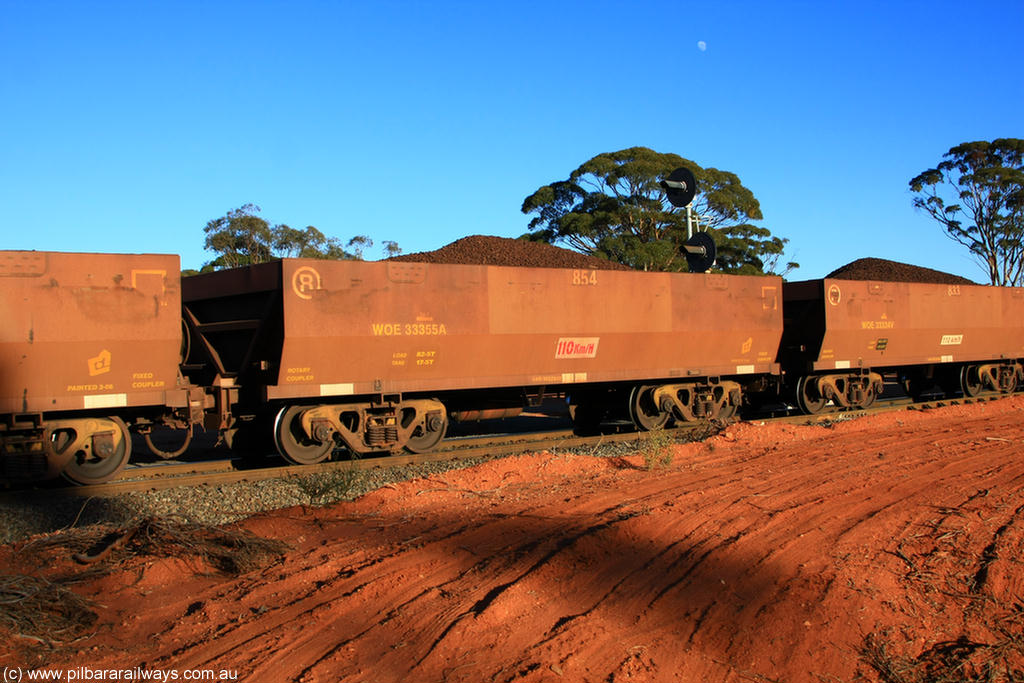 100731 02313
WOE type iron ore waggon WOE 33355 is one of a batch of one hundred and forty one built by United Goninan WA between November 2005 and April 2006 with serial number 950142-060 and fleet number 854 for Koolyanobbing iron ore operations, on loaded train 6413 at Binduli Triangle, 31st July 2010.
Keywords: WOE-type;WOE33355;United-Goninan-WA;950142-060;