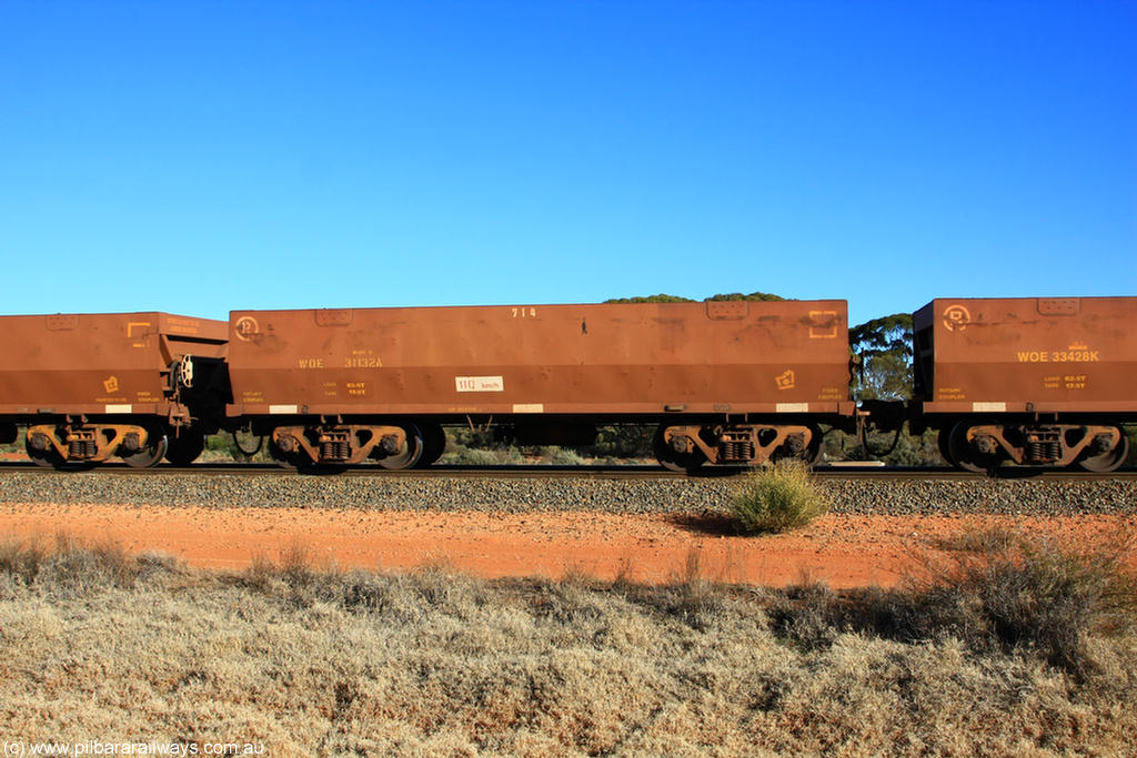 100731 02493
WOE type iron ore waggon WOE 31132 is one of a batch of one hundred and thirty built by Goninan WA between March and August 2001 with serial number 950092-122 and fleet number 714 for Koolyanobbing iron ore operations, on empty train 6418 at Binduli Triangle, 31st July 2010.
Keywords: WOE-type;WOE31132;Goninan-WA;950092-122;