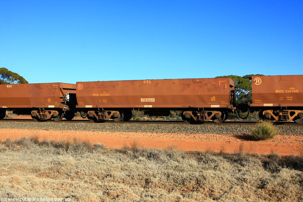 100731 02495
WOE type iron ore waggon WOE 33336 is one of a batch of one hundred and forty one built by United Goninan WA between November 2005 and April 2006 with serial number 950142-041 and fleet number 835 for Koolyanobbing iron ore operations, on empty train 6418 at Binduli Triangle, 31st July 2010.
Keywords: WOE-type;WOE33336;United-Goninan-WA;950142-041;