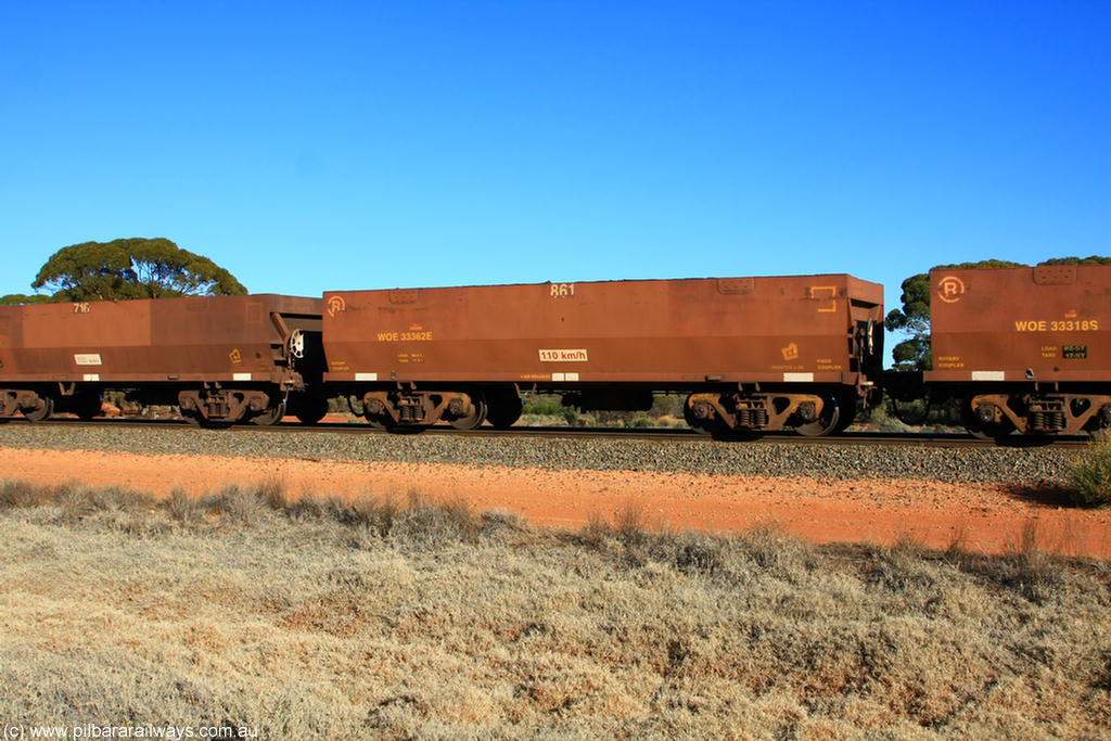 100731 02512
WOE type iron ore waggon WOE 33362 is one of a batch of one hundred and forty one built by United Goninan WA between November 2005 and April 2006 with serial number 950142-067 and fleet number 861 for Koolyanobbing iron ore operations, on empty train 6418 at Binduli Triangle, 31st July 2010.
Keywords: WOE-type;WOE33362;United-Goninan-WA;950142-067;