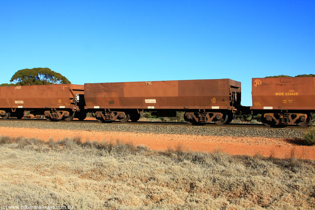 100731 02513
WOE type iron ore waggon WOE 31134 is one of a batch of one hundred and thirty built by Goninan WA between March and August 2001 with serial number 950092-124 and fleet number 716 for Koolyanobbing iron ore operations, on empty train 6418 at Binduli Triangle, 31st July 2010.
Keywords: WOE-type;WOE31134;Goninan-WA;950092-124;