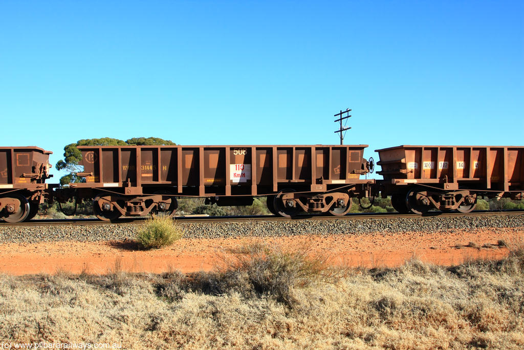 100731 02529
WOD type iron ore waggon WOD 31445 is one of a batch of sixty two built by Goninan WA between April and August 2000 with serial number 950086-017 and fleet number 508 for Koolyanobbing iron ore operations with a 75 ton capacity for Portman Mining to cart their Koolyanobbing iron ore to Esperance, now with PORTMAN painted out, on empty train 6418 at Binduli Triangle, 31st July 2010.
Keywords: WOD-type;WOD31445;Goninan-WA;950086-018;
