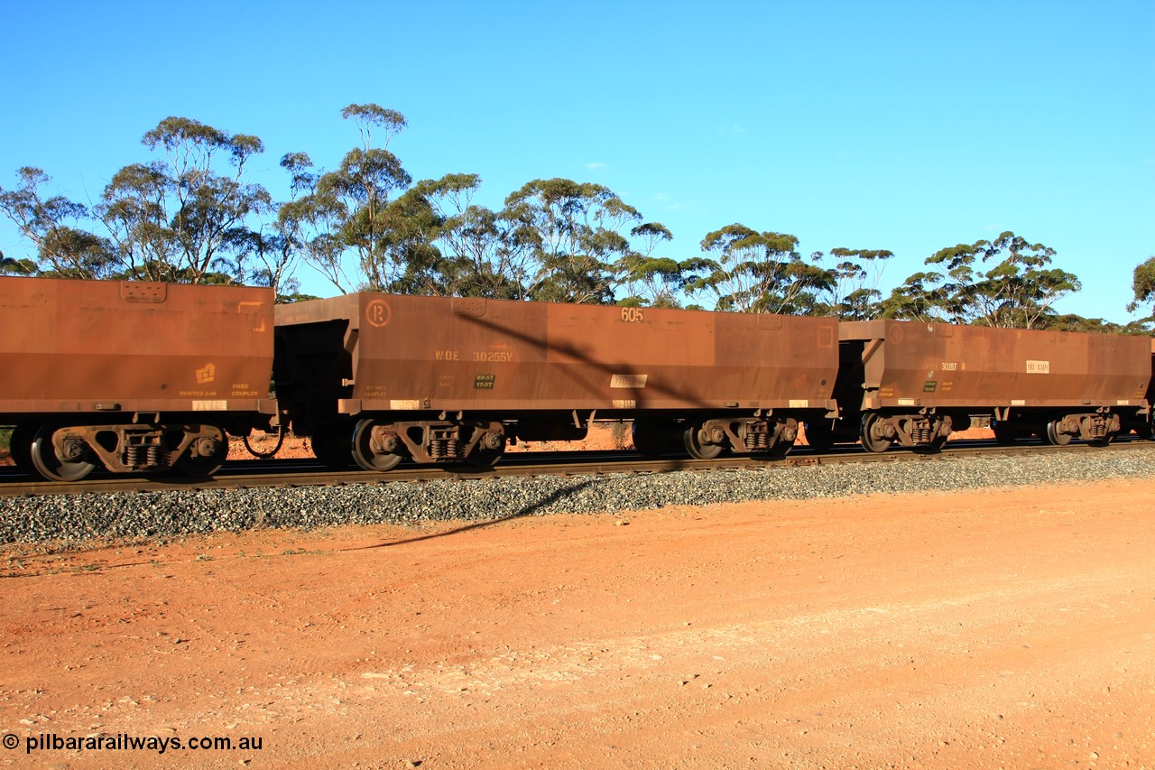 100731 03099
WOE type iron ore waggon WOE 30255 is one of a batch of one hundred and thirty built by Goninan WA between March and August 2001 with serial number 950092-005 and fleet number 605 for Koolyanobbing iron ore operations, empty train arriving at Binduli Triangle, 31st July 2010.
Keywords: WOE-type;WOE30255;Goninan-WA;950092-005;