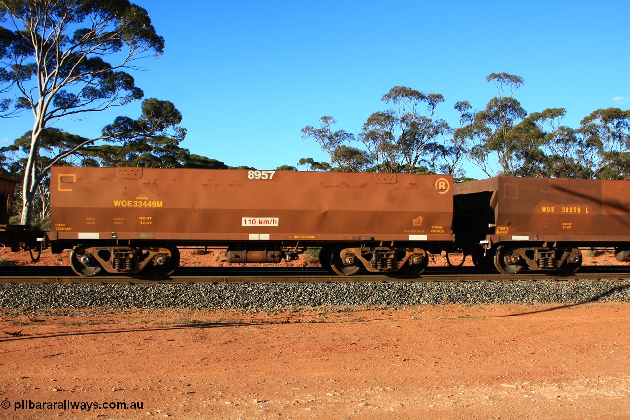 100731 03119
WOE type iron ore waggon WOE 33449 is one of a batch of seventeen built by United Group Rail WA between July and August 2008 with serial number 950209-013 and fleet number 8957 for Koolyanobbing iron ore operations, empty train arriving at Binduli Triangle, 31st July 2010.
Keywords: WOE-type;WOE33449;United-Group-Rail-WA;950209-013;