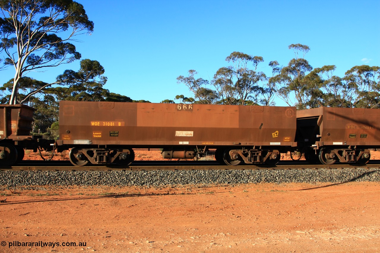 100731 03125
WOE type iron ore waggon WOE 31081 is one of a batch of one hundred and thirty built by Goninan WA between March and August 2001 with serial number 950092-071 and fleet number 666 for Koolyanobbing iron ore operations, empty train arriving at Binduli Triangle, 31st July 2010.
Keywords: WOE-type;WOE31081;Goninan-WA;950092-071;