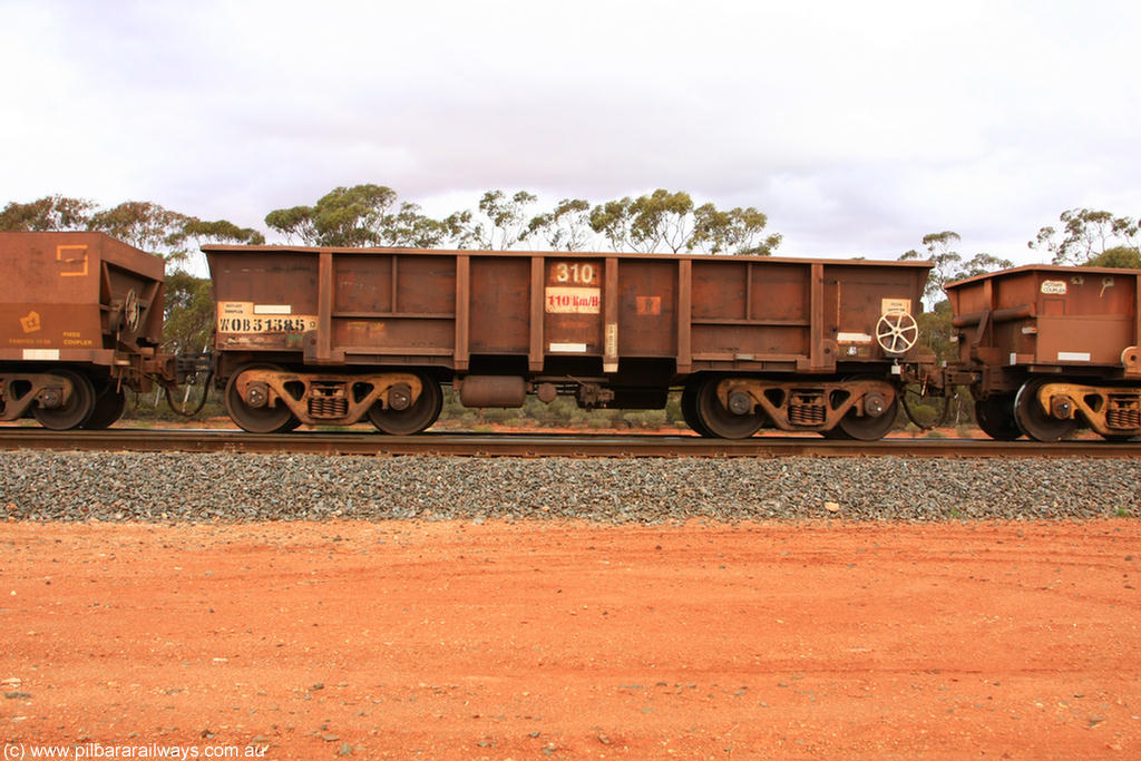 100822 5972
WOB type iron ore waggon WOB 31385 is one of a batch of twenty five built by Comeng WA between 1974 and 1975 and converted from Mt Newman high sided waggons by WAGR Midland Workshops with a capacity of 67 tons with fleet number 310 for Koolyanobbing iron ore operations, Binduli Triangle, 22nd August 2010.
Keywords: WOB-type;WOB31385;Comeng-WA;Mt-Newman-Mining;
