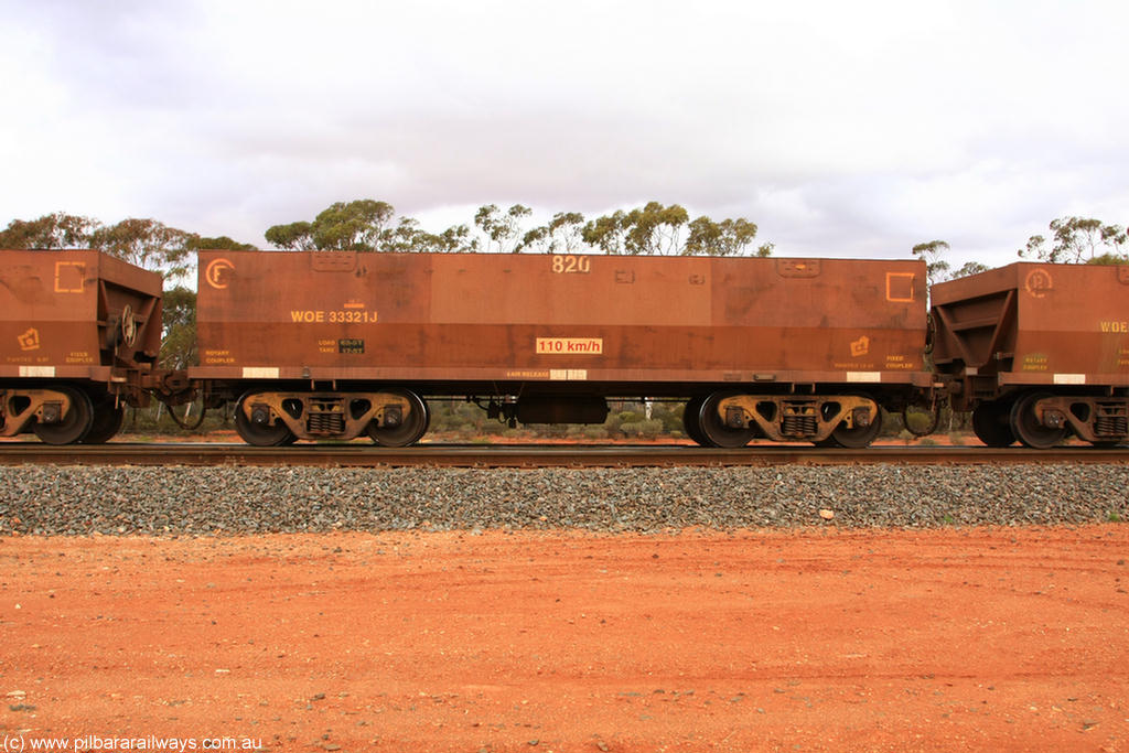 100822 5976
WOE type iron ore waggon WOE 33321 is one of a batch of one hundred and forty one built by United Goninan WA between November 2005 and April 2006 with serial number 950142-026 and fleet number 820 for Koolyanobbing iron ore operations, Binduli Triangle 22nd August 2010.
Keywords: WOE-type;WOE33321;United-Goninan-WA;950142-026;