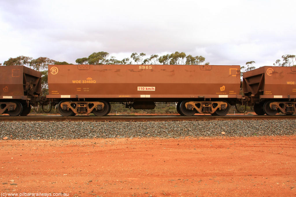 100822 6000
WOE type iron ore waggon WOE 33460 is one of a batch of one hundred and twenty eight built by United Group Rail WA between August 2008 and March 2009 with serial number 950211-002 and fleet number 8965 for Koolyanobbing iron ore operations, Binduli Triangle 22nd August 2010.
Keywords: WOE-type;WOE33460;United-Group-Rail-WA;950211-002;