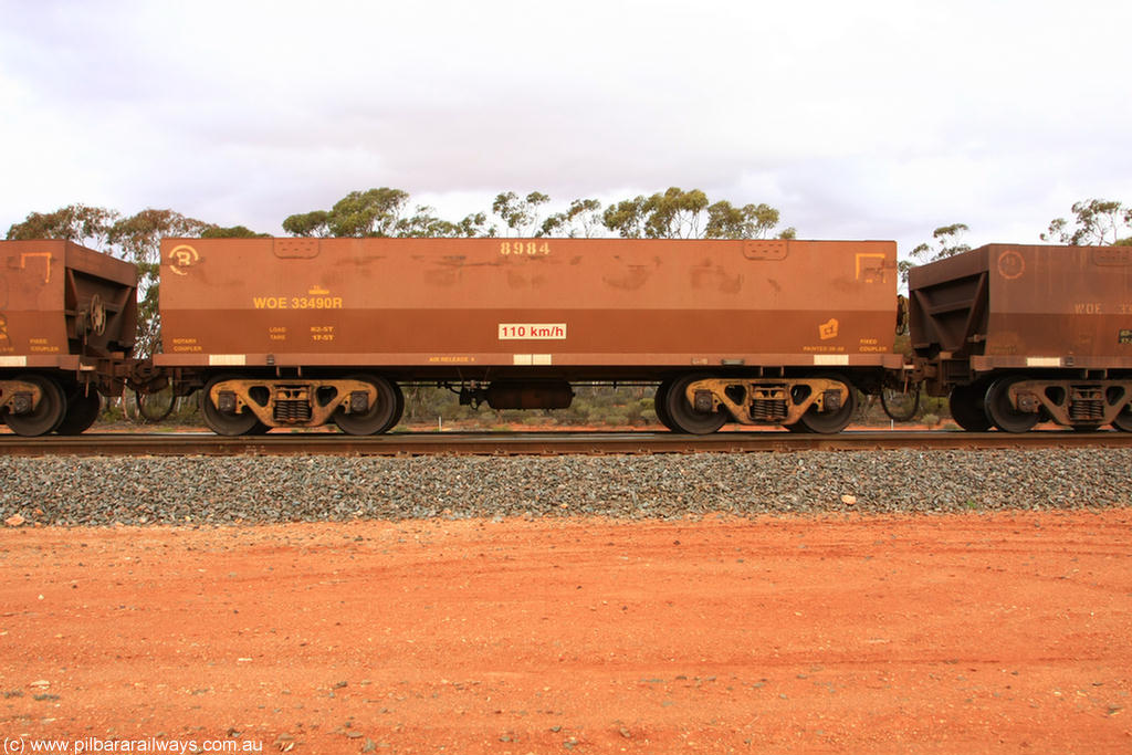 100822 6002
WOE type iron ore waggon WOE 33490 is one of a batch of one hundred and twenty eight built by United Group Rail WA between August 2008 and March 2009 with serial number 950211-030 and fleet number 8984 for Koolyanobbing iron ore operations, Binduli Triangle 22nd August 2010.
Keywords: WOE-type;WOE33490;United-Group-Rail-WA;950211-030;