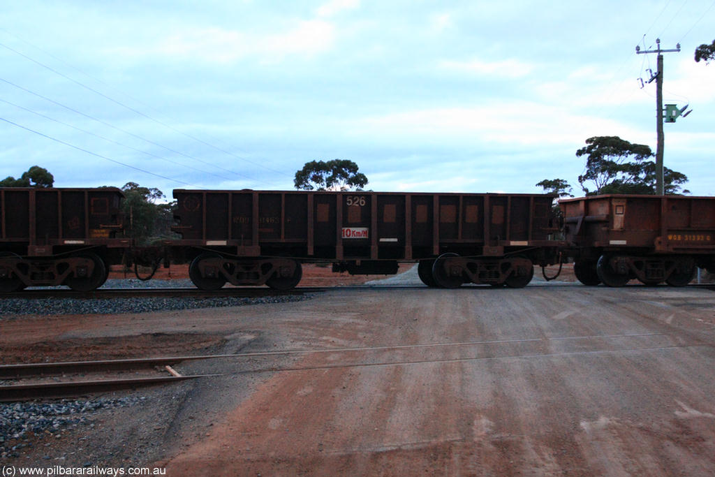 100822 6259
WOD type iron ore waggon WOD 31463 is one of a batch of sixty two built by Goninan WA between April and August 2000 with serial number 950086-035 and fleet number 526 for Koolyanobbing iron ore operations with a 75 ton capacity for Portman Mining to cart their Koolyanobbing iron ore to Esperance, now with PORTMAN painted out, on empty train 1416 at Hampton, 22nd August 2010.
Keywords: WOD-type;WOD31463;Goninan-WA;950086-035;