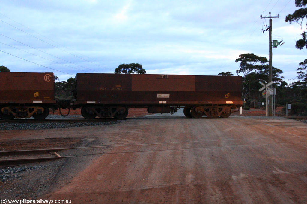 100822 6329
WOE type iron ore waggon WOE 31129 is one of a batch of one hundred and thirty built by Goninan WA between March and August 2001 with serial number 950092-119 and fleet number 711 for Koolyanobbing iron ore operations, on empty train 1416 at Hampton, 22nd August 2010.
Keywords: WOE-type;WOE31129;Goninan-WA;950092-119;