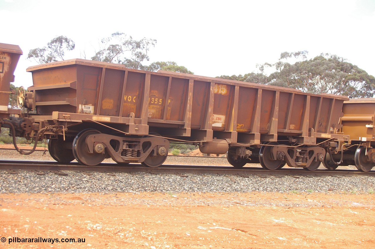 PD 12414
Binduli, WOC type iron ore waggon WOC 31355 is one of a batch of thirty built by Goninan WA between October 1997 to January 1998 with fleet number 415 for Koolyanobbing iron ore operations with a 75 ton capacity, note the added angled lip to the top of the body, from the hand brake end. 17th Feb 2013.
Keywords: Peter-D-Image;WOC-type;WOC31355;Goninan-WA;