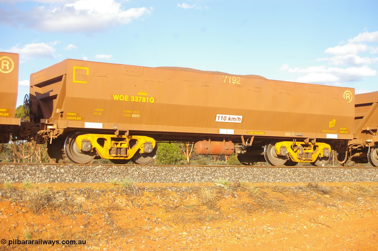 PD 12514
Binduli, WOE type iron ore waggon WOE 33781, fleet number 7192, a United Goninan build from 01-2012 of the current style of 82.5 tonne load capacity WOE class waggon built for Koolyanobbing iron ore train service.
Keywords: Peter-D-Image;WOE-type;WOE33781;United-Group-Rail-WA;R0067-193;