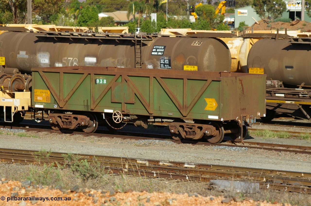 PD 12590
West Kalgoorlie, AOPY type iron ore waggon AOPY 32409 with fleet number 938, one of seventy ex ANR coal waggons rebuilt from AOKF class by Bluebird Engineering SA in service with ARG on Koolyanobbing iron ore trains. They used to be three metres longer and originally built by Metropolitan Cammell Britain as GB class in 1952-55.
Keywords: Peter-D-Image;AOPY-type;AOPY32409;Bluebird-Engineering-SA;Metropolitan-Cammell-Britain;GB-type;