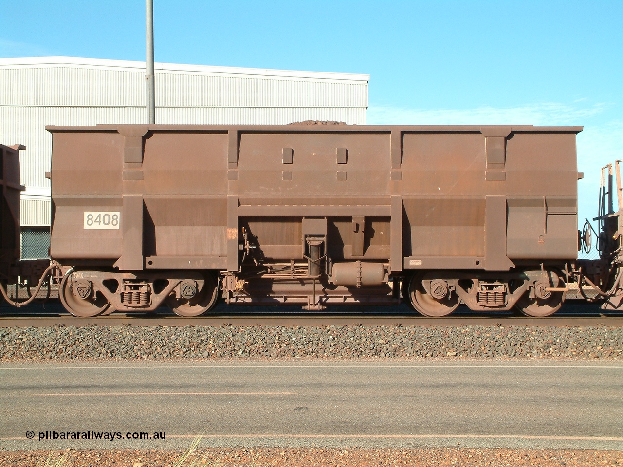 040502 080108
Boodarie, Goninan built Golynx waggon 8408 which is a modified version of the BHP mainline waggons for service on the Goldsworthy system as a bottom discharge waggon. 2nd May 2004.
Keywords: 8408;Goninan-WA;Golynx;BHP-ore-waggon;