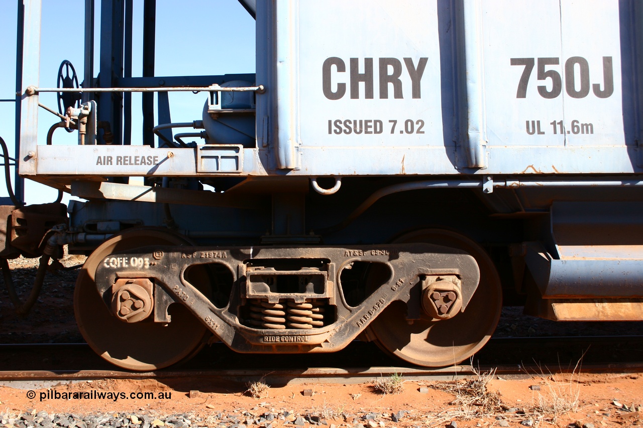 050518 2128
Flash Butt yard, CFCLA hire ballast waggon CHRY type CHRY 750, shows bogie detail, AT & SF CS-3000 bogie casting with CFCLA id of CQFE 093
Keywords: CHRY-type;CHRY750;CFCLA;CRDX-type;BHP-ballast-waggon;