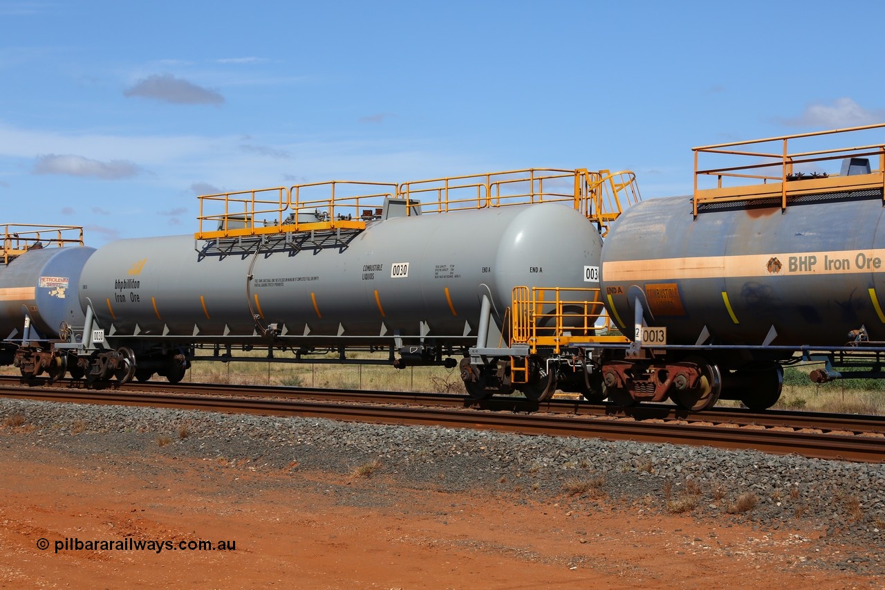 150314 7740
Bing Siding, empty 116 kL CNR-QRRS of China built tank waggon 0030, the final member of a batch of ten built in 2014.
Keywords: CNR-QRRS-China;BHP-tank-waggon;