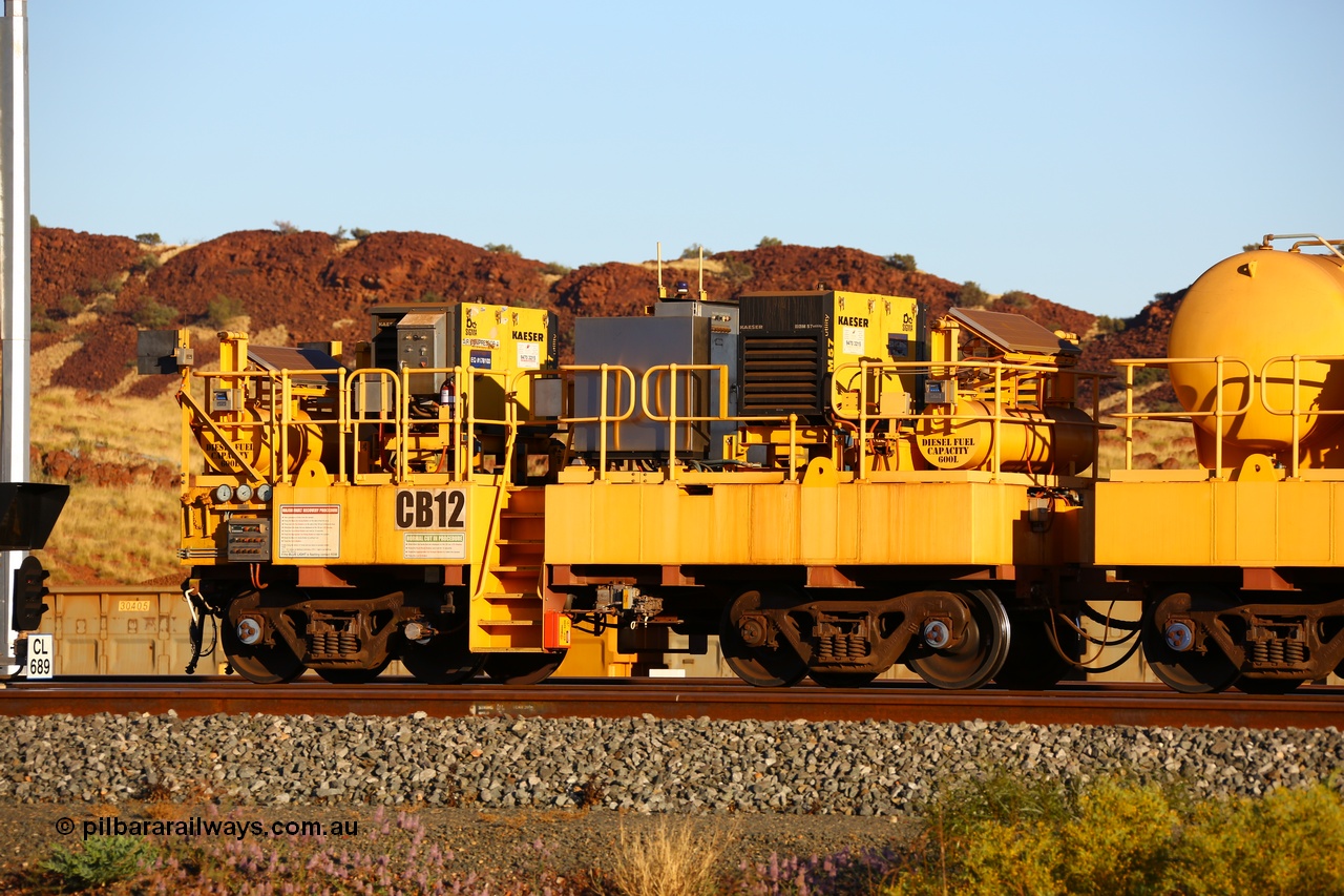 170728 09690
Rio Tinto compressor waggon set CB 12, compressor control waggon with two diesel powered Kaeser M57 Utility air compressors. Note the waggons are modified ore waggon frames. Seen here at Cape Lambert. 28th July 2017.
Keywords: CB12;rio-compressor-waggon;