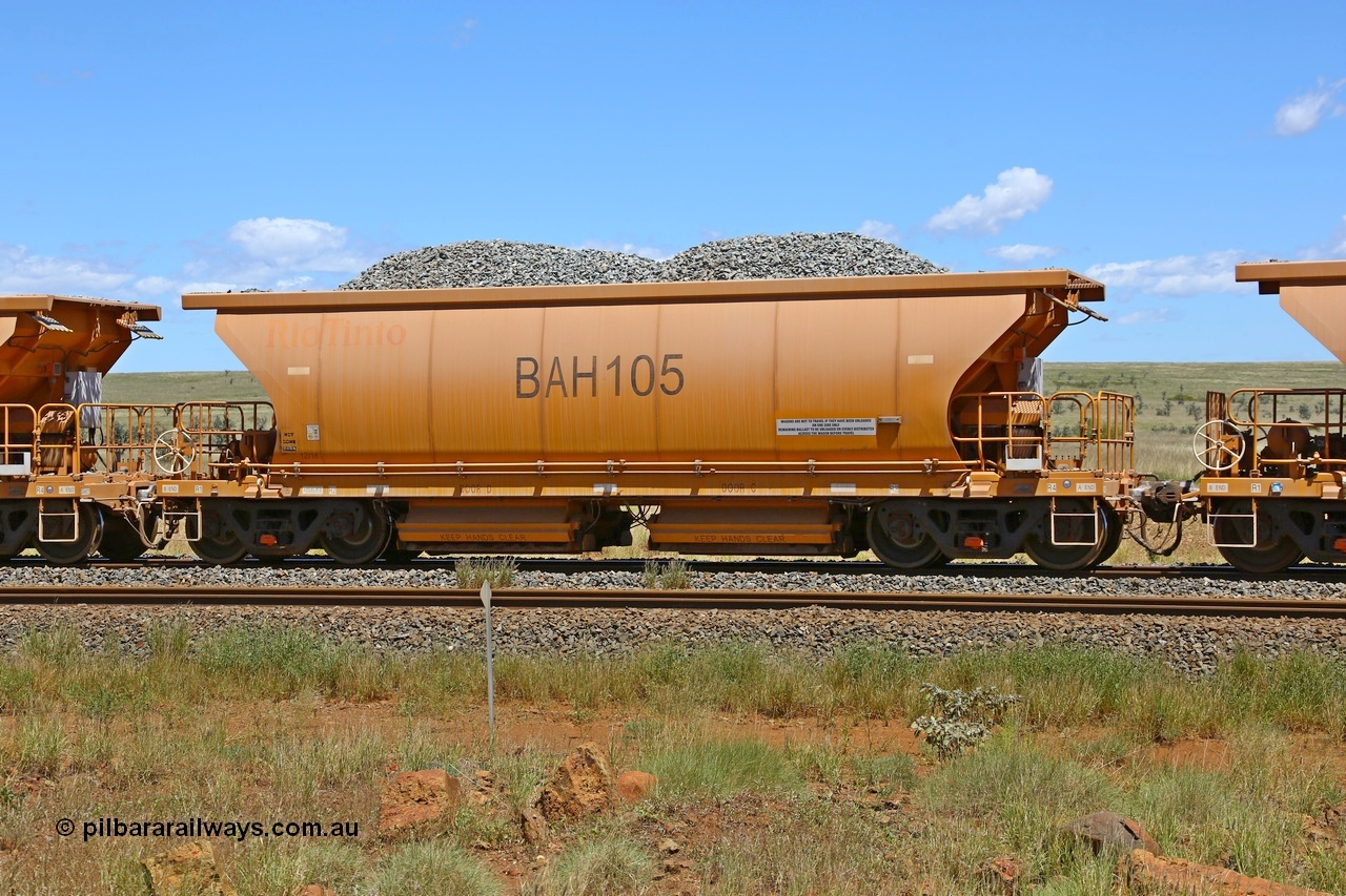 210322 9577
Near Gecko on Rio Tinto's Dampier - Tom Price line is Chinese built ballast waggon BAH 105 on a loaded ballast rake. Location is roughly [url=https://goo.gl/maps/XZkGLreipQwHrTjw9]here[/url]. 22nd March 2021.
Keywords: BAH-type;BAH105;Rio-ballast-waggon;