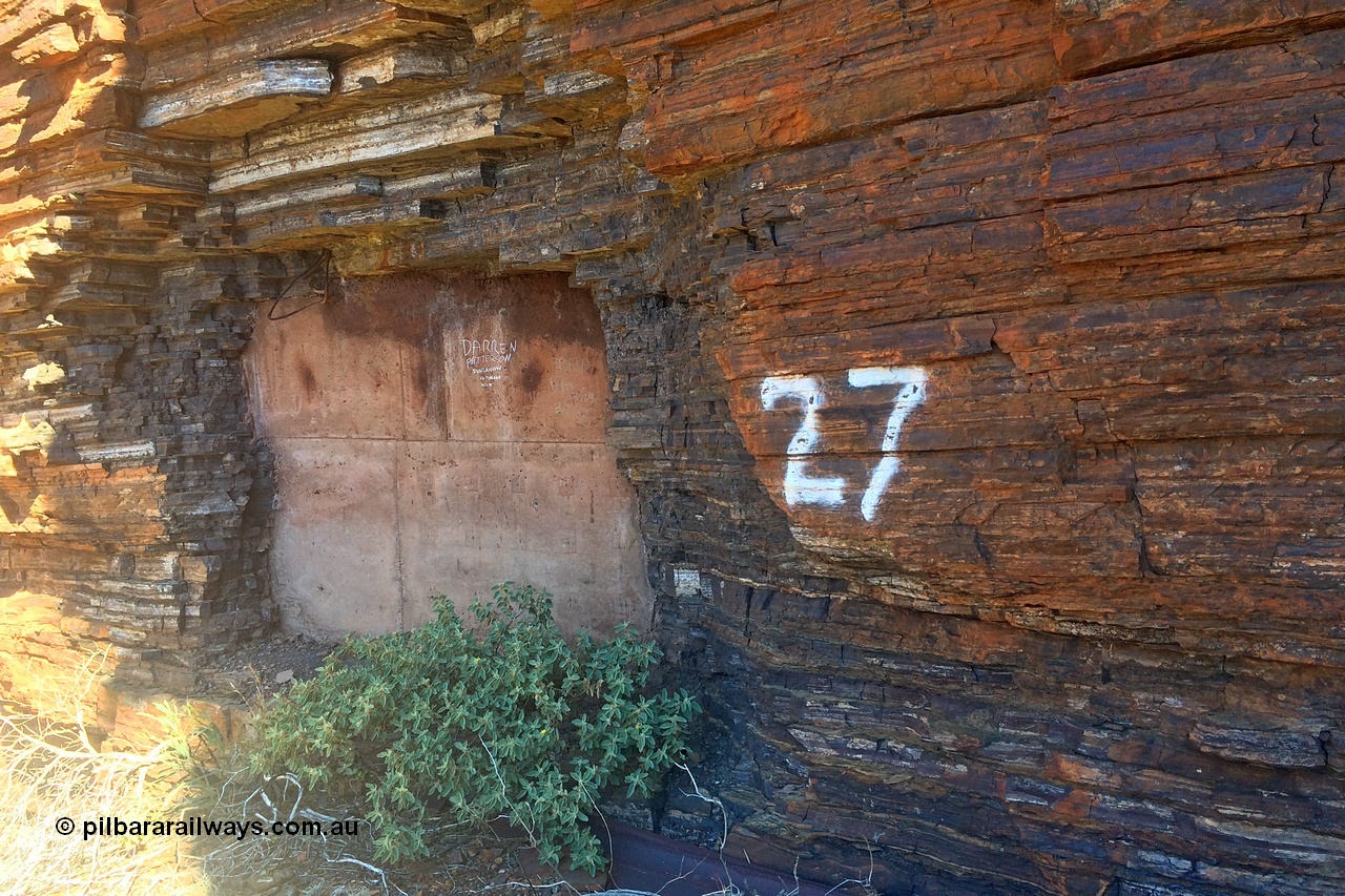 160710 iPh5S 2805
Wittenoom Gorge, Colonial Mine entry adit #27 sealed up. [url=https://goo.gl/maps/sNzFvw5b3CkE9XGP9]Geodata[/url].
