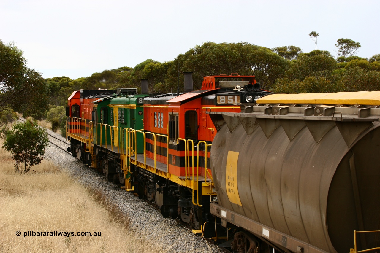 060110 2217
On the curve near the 85 km between Yeelanna and Karkoo, trailing view of 830 class AE Goodwin built ALCo model DL531 units 851 serial 84137 new to Eyre Peninsula in 1962 and 842 serial 84140, ex SAR broad gauge and to Eyre Peninsula in October 1987, and ARG 1200 class unit 1204, a Clyde Engineering EMD model G12C serial 65-428, originally built for the WAGR as the final unit of fourteen A class locomotives in 1965 and sent to the Eyre Peninsula in July 2004 leads an empty grain train. [url=https://goo.gl/maps/7kwfXBE6nS12]Approx. location of image[/url].
Keywords: 1200-class;1204;Clyde-Engineering-Granville-NSW;EMD;G12C;65-428;A-class;A1514;830-class;842;851;AE-Goodwin;ALCo;DL531;84137;84140;