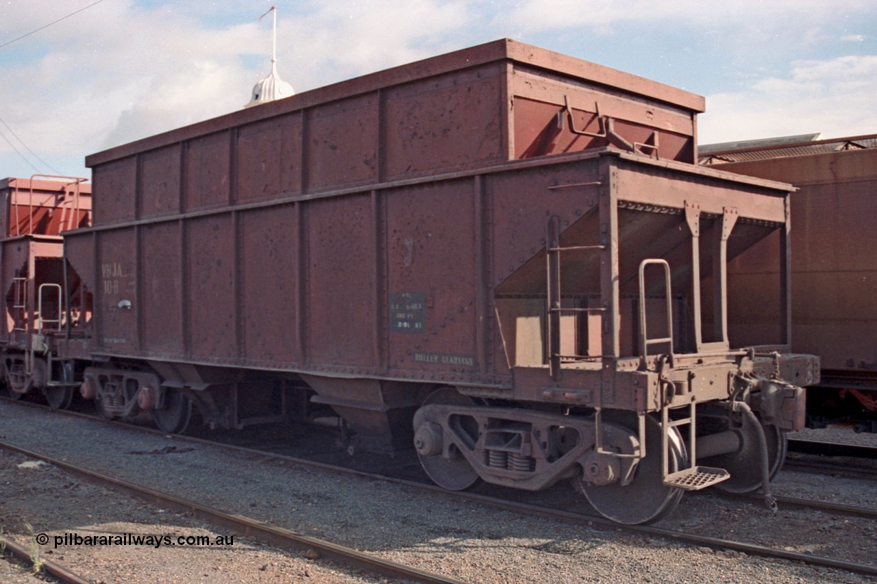 101-12
Maryborough, broad gauge V/Line VHJA type bogie gypsum waggon VHJA 10, the final member of 10 such waggons converted in 1984 from VHCA type waggons for use on the Cowangie gypsum traffic by Newport Workshops, originally built new as a J type hopper waggon by American Car and Foundry USA November 1925, recoded to CJ type in 1960 and VHCA in 1980. In 1993 a further fifteen were such converted.
Keywords: VHJA-type;VHJA10;American-Car-&-Foundry-USA;J-type;CJ-type;VHCA-type;