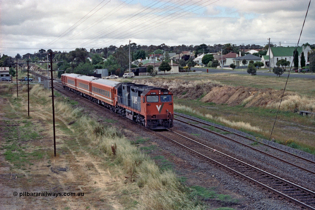 104-02
Stawell, V/Line broad gauge down Dimboola passenger train with V/Line N class loco N 468 'City of Bairnsdale' with serial 86-1197 a Clyde Engineering Somerton Victoria built EMD model JT22HC-2 and N set.
Keywords: N-class;N468;Clyde-Engineering-Somerton-Victoria;EMD;JT22HC-2;86-1197;