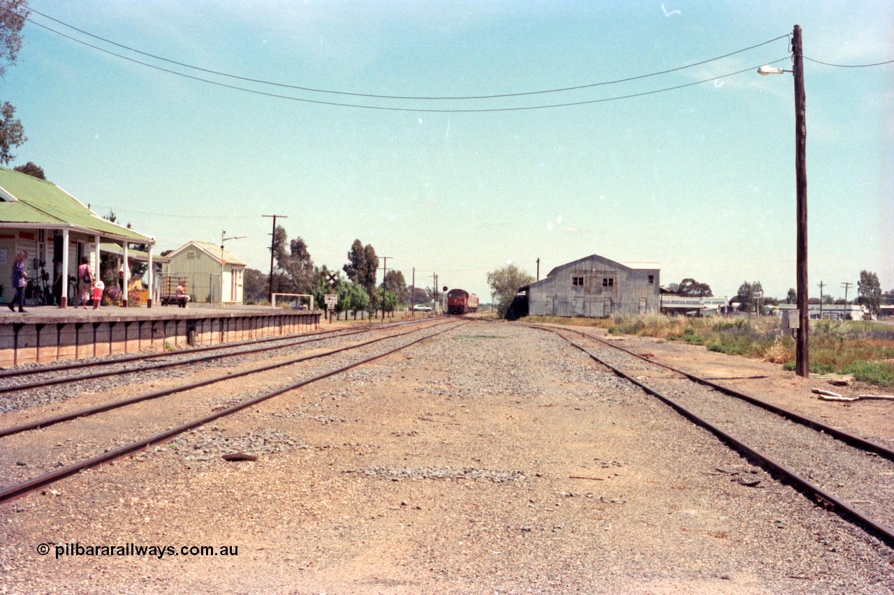 114-01
Cobram, station yard overview, station building, down pass arriving.
