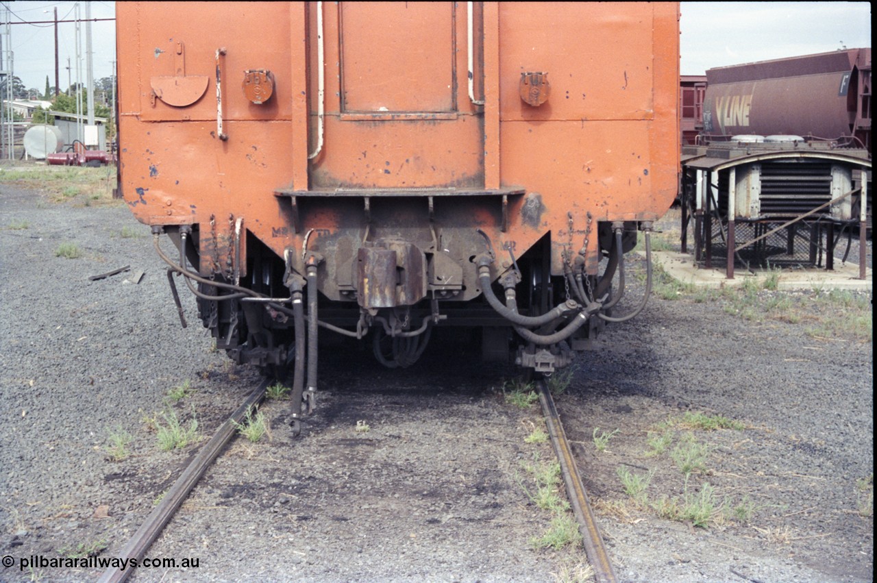 120-06
Seymour loco depot, V/Line broad gauge S class S 317 'Sir John Monash' Clyde Engineering EMD model A7 serial 61-240, pilot detail shot, No.2 end.
Keywords: S-class;S317;Clyde-Engineering-Granville-NSW;EMD;A7;61-240;bulldog;