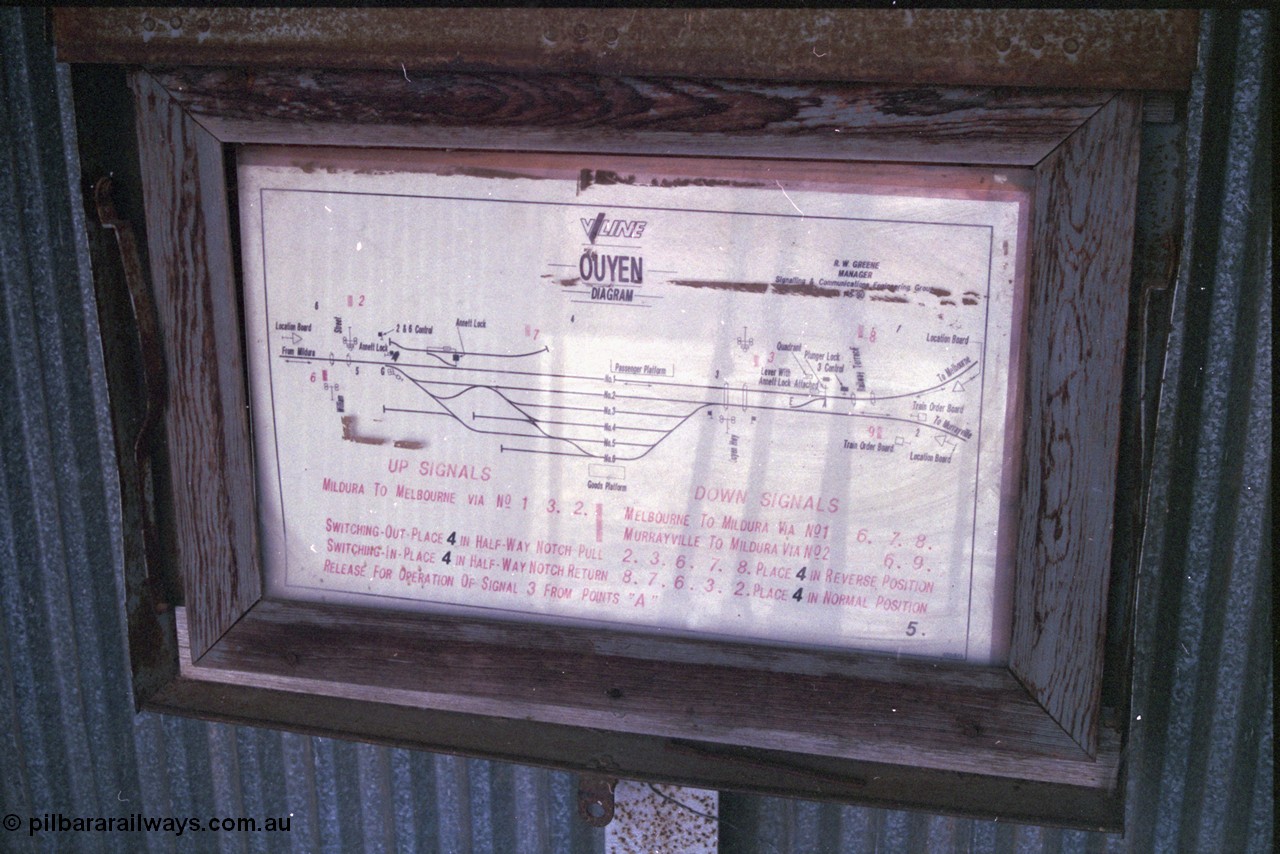 132-09
Ouyen, station platform, signal diagram, signal box.
