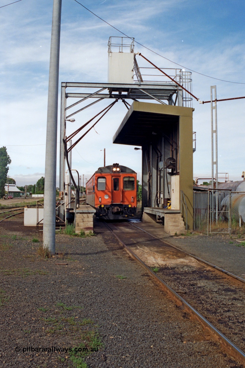 137-1-06
Seymour loco depot fuel point, broad gauge V/Line DRC class diesel rail car DRC 41 built in November 1971 by Tulloch Ltd pulls into the fuel point having just run the morning down pass.
Keywords: DRC-class;DRC41;Tulloch-Ltd-NSW;