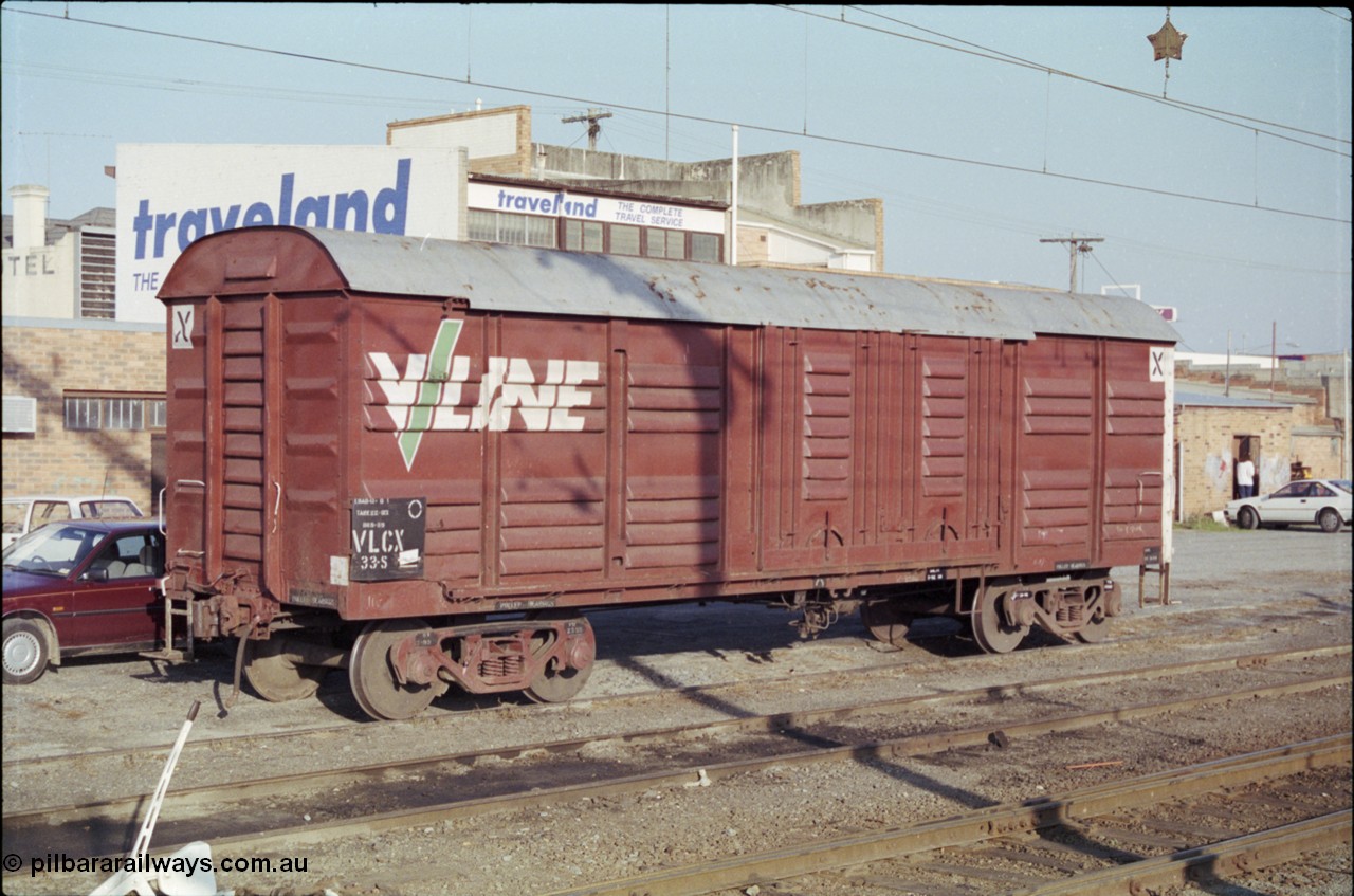 152-07
Morwell station yard, V/Line broad gauge VLCX type bogie louvre van VLCX 33 sits in the yard. VLCX was built by Newport Workshops September 1962 as a VLF type, in June 1979 recoded to VLCX.
Keywords: VLCX-type;VLCX33;Victorian-Railways-Newport-WS;VLF-type;