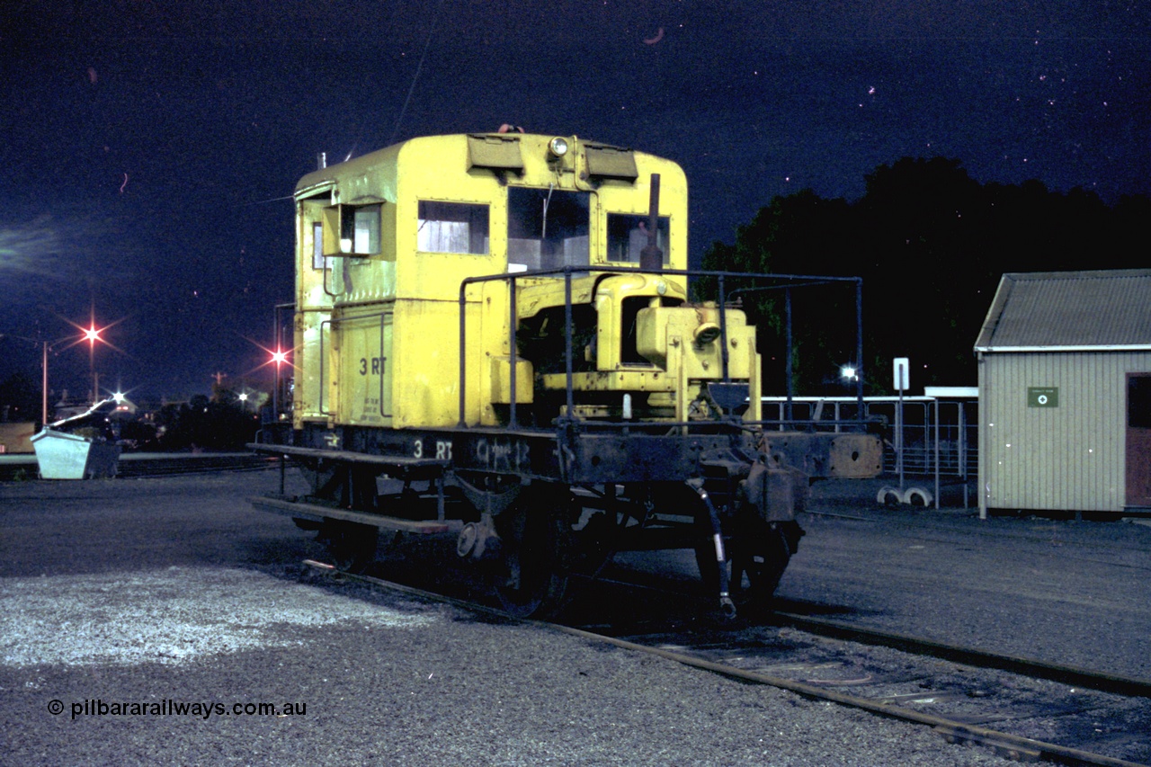 153-3-28
Geelong loco depot, stabled broad gauge rail tractor RT class RT 3 in Victorian Railways yellow livery, night shot. RT 3 was built new at Newport Workshops February 1957 and issued to Orbost.
Keywords: RT-class;RT3;rail-tractor;