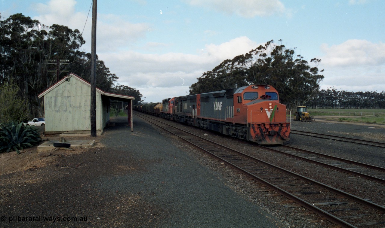 154-19
Lismore, V/Line broad gauge goods train 9169 to Adelaide via Cressy departs Lismore with a new train order for Ararat behind triple C class locomotives C 510 Clyde Engineering EMD model GT26C serial 76-833, C 508 serial 76-831 and C class leader C 501 'George Brown' serial 76-824, station building at left.
Keywords: C-class;C510;Clyde-Engineering-Rosewater-SA;EMD;GT26C;76-833;