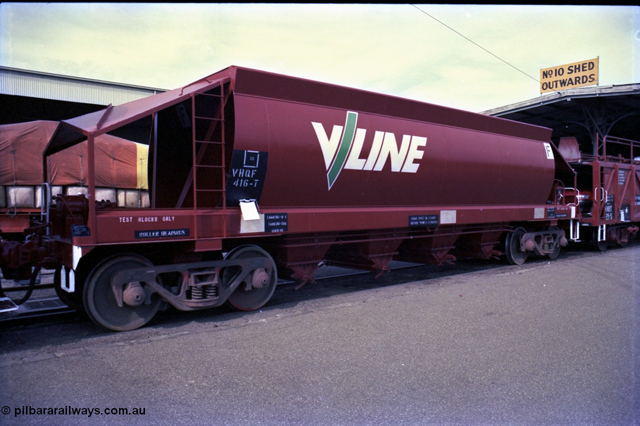 162-3-10
Melbourne Yard, V/Line broad gauge VHQF type bogie quarry products waggon VHQF 416, built at a JQF type bogie quarry products popper at Ballarat North Workshops in March 1977, at No.10 Goods Shed, PTC Open Day.
Keywords: VHQF-type;VHQF416;Victorian-Railways-Ballarat-Nth-WS;JQF-type;