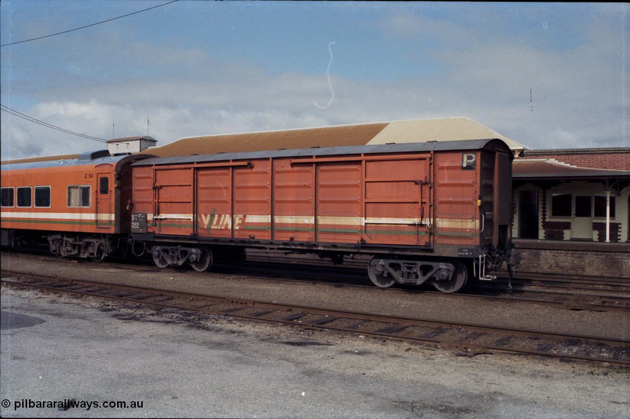 165-03
Wodonga, stabled V/Line broad gauge DT type bogie luggage van DT 322, part of Z set Z 54, the T signifies through cabling for HEP supply, DT 322 started out as a BP type van BP 10 built by Newport Workshops in August 1959, and has carried several codes, BB, BMF, BMX and VBAX.
Keywords: DT-type;DT322;Victorian-Railways-Newport-WS;BP-type;BP10;BB-type;BMF-type;BMX-type;VBAX-type;