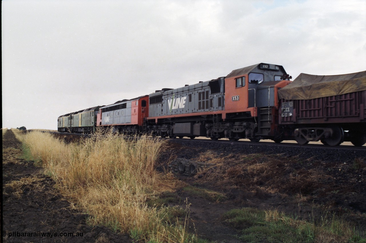 178-10
Tatyoon, down V/Line broad gauge goods train to Adelaide 9169 power towards Ararat with the quad combo of a pair of Australian National BL class locomotives BL 27 Clyde Engineering EMD model JT26C-2SS serial 83-1011 and class leader BL 26 'Bob Hawke' serial 83-1010 and V/Line S class S 313 'Alfred Deakin' Clyde Engineering EMD model A7 serial 61-230 and V/Line X class loco X 53 with serial 75-800 a Clyde Engineering Rosewater SA built EMD model G26C, BL 27 had Paul Keating drawn on the LHS cab as it was just after he'd taken the Labor Party leadership and the Prime Ministership off Bob Hawke.
Keywords: X-class;X53;Clyde-Engineering-Rosewater-SA;EMD;G26C;75-800;