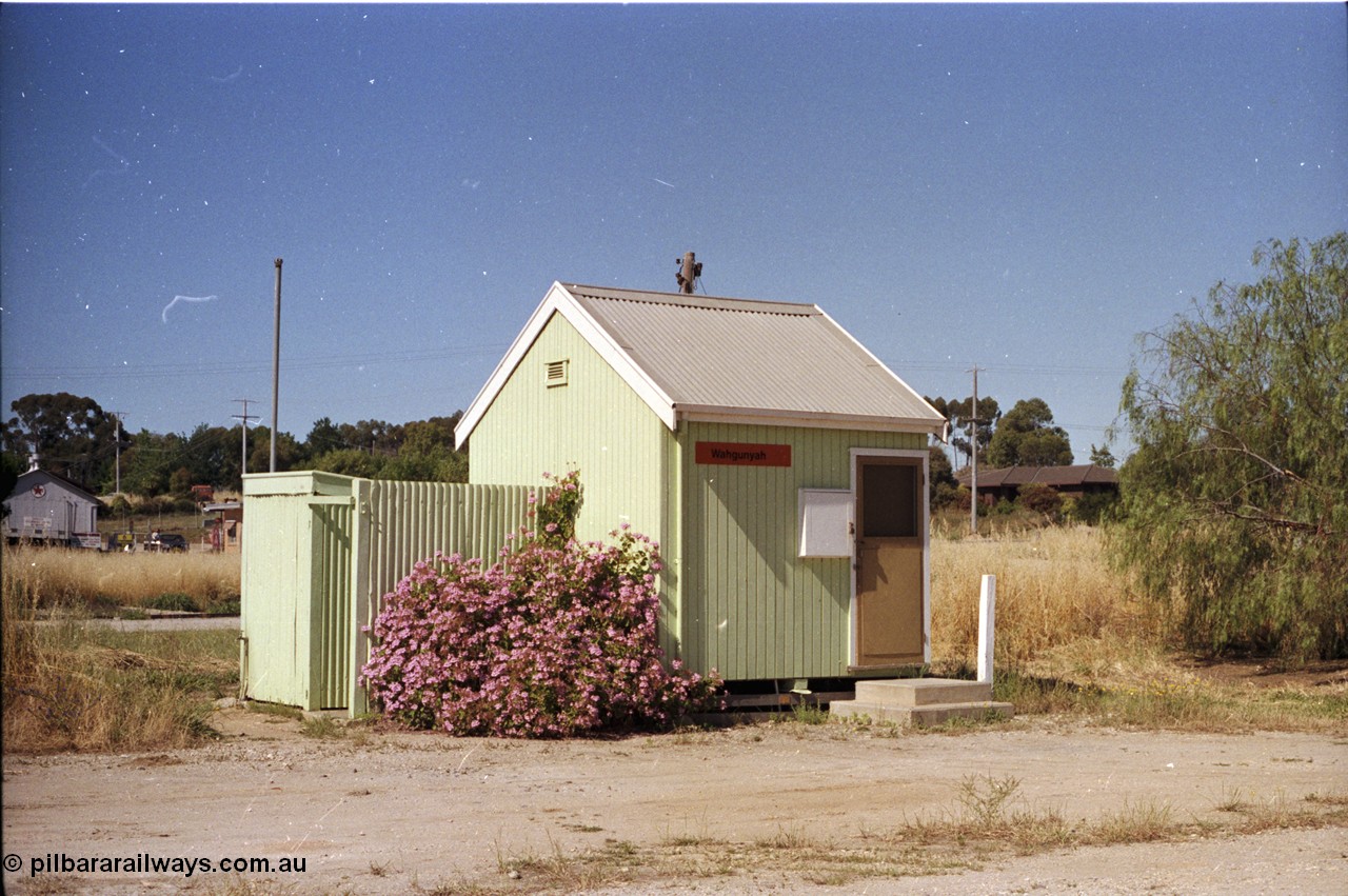 182-01
Wahgunyah, portable type station building, staff hut with ablution block, Caltex depot in the background.
