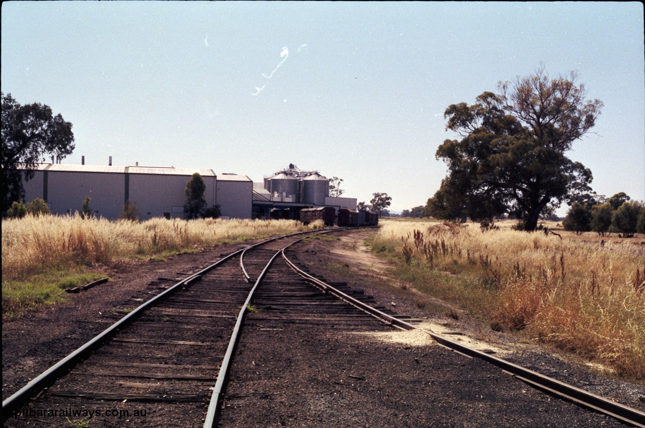 182-06
Wahgunyah, view of mainline looking past redundant points for former Mobil Oil Company Siding to Uncle Tobys plant with bogie waggons, line curves away to the right back to Rutherglen.
