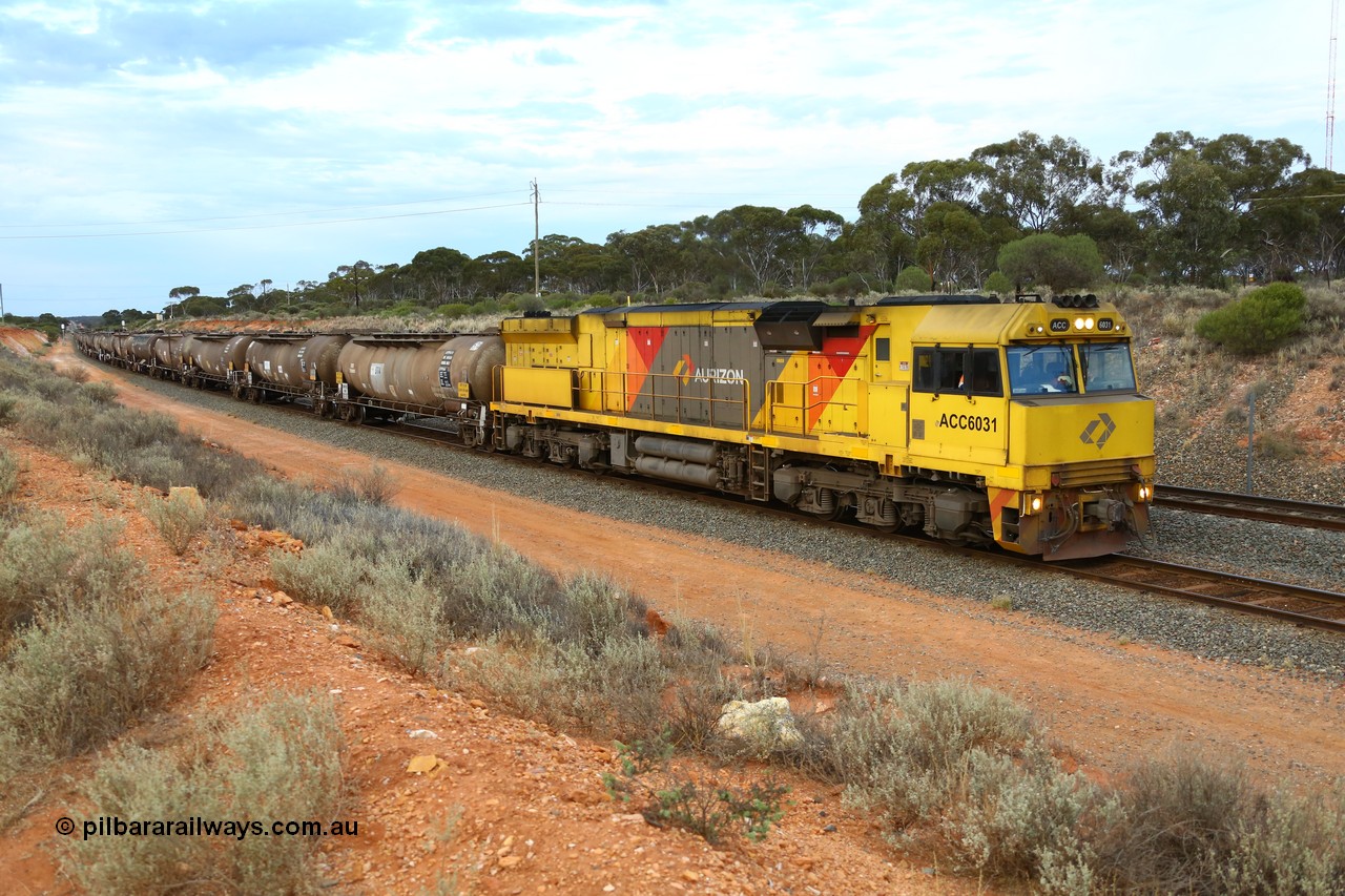 161116 5099
West Kalgoorlie, loaded Shell fuel train 3442 arrives behind UGL Rail built GE model C44ACi unit ACC 6031 serial R-0093-01 / 13-485 following its overnight run from Esperance with 26 waggons for 505 metres and 2165 tonnes.
Keywords: ACC-class;ACC6031;UGL-Rail;GE;C44ACi;R-0093-01/13-485;