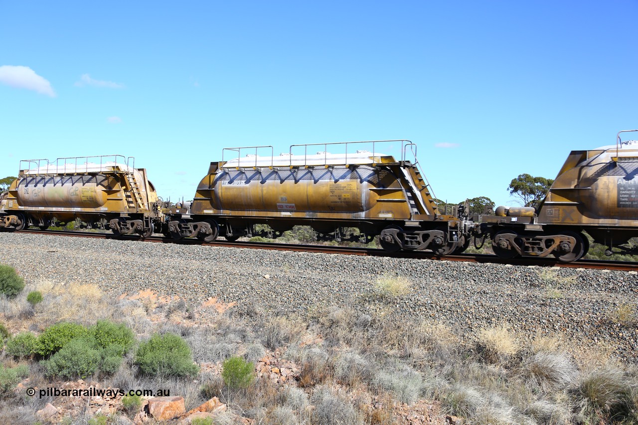 161111 2464
Binduli, Kalgoorlie Freighter train 5025, waggon APNY 31159, one of twelve built by WAGR Midland Workshops in 1974 as WNA type pneumatic discharge nickel concentrate waggon, WAGR built and owned copies of the AE Goodwin built WN waggons for WMC.
Keywords: APNY-type;APNY31159;WAGR-Midland-WS;WNA-type;