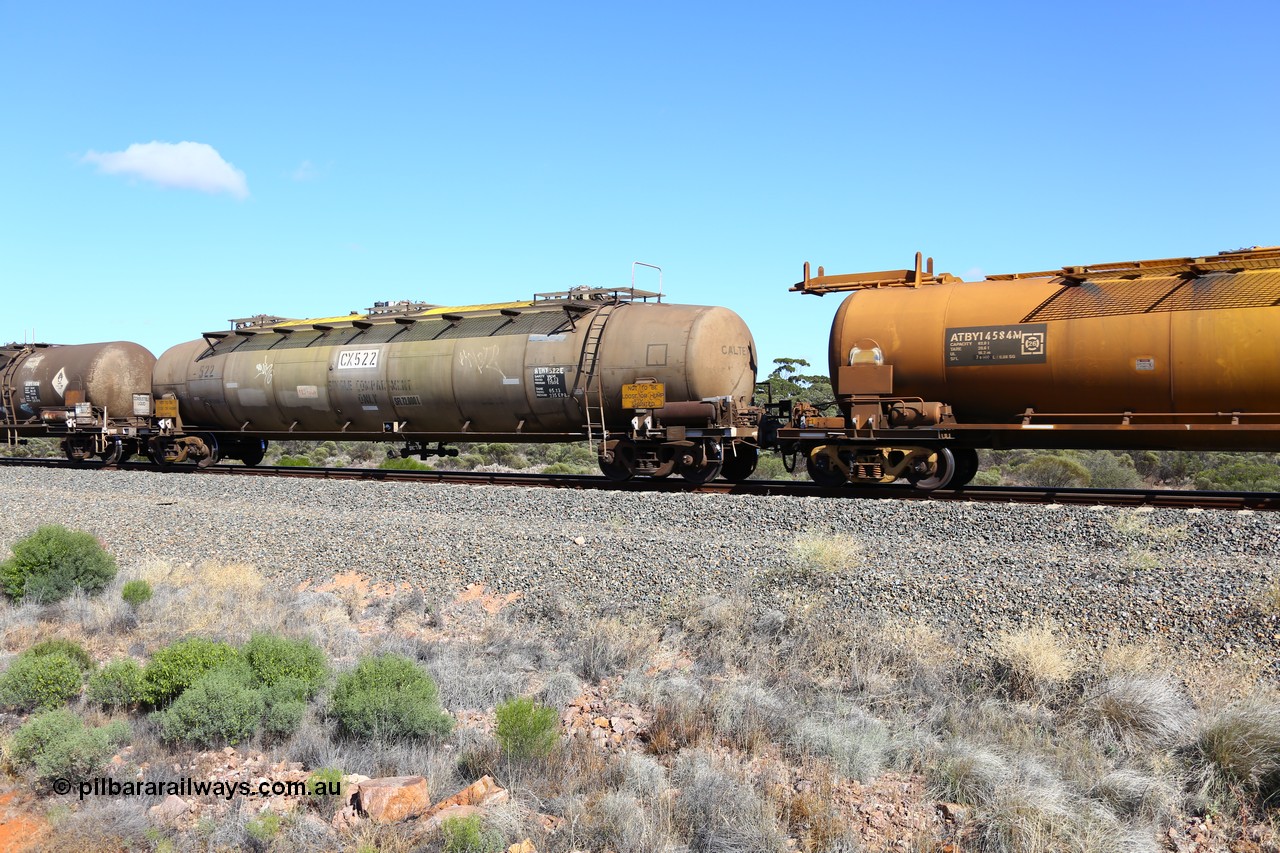 161111 2512
Binduli, Kalgoorlie Freighter train 5025, ATHY 522 fuel tanker, one of two built by Comeng NSW in 1971 for Caltex as WJH type. With a capacity of 103000 litres but a safe full level of on 72000 litres.
Keywords: ATHY-type;ATHY522;Comeng-NSW;WJH-type;WJHY-type;