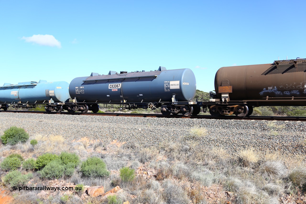 161111 2514
Binduli, Kalgoorlie Freighter train 5025, NTAY type fuel tank waggon NTAY 3367 with 64,600 litre capacity for Caltex. Refurbished by Gemco WA in Feb 2014 from a Caltex NTAF type tank waggon NTAF 367 originally built by Transrail in 1977.
Keywords: NTAY-type;NTAY3367;Transrail-NSW;CAL-type;CAL367;NTAF-type;