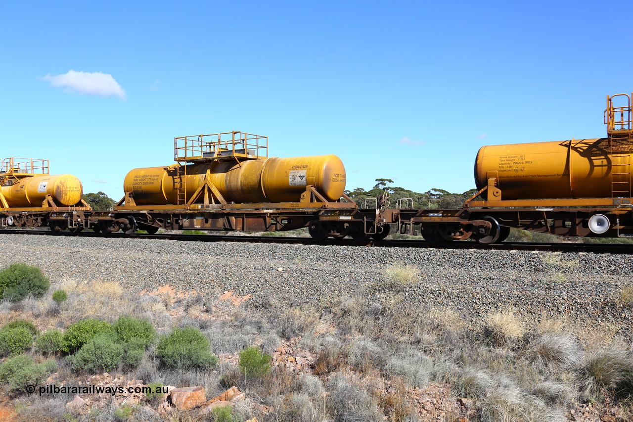 161111 2521
Binduli, Kalgoorlie Freighter train 5025, waggon AQHY 30095 with sulphuric acid tank CSA 0125, originally built by the WAGR Midland Workshops in 1964/66 as a WF type flat waggon, then in 1997, following several recodes and modifications, was one of seventy five waggons converted to the WQH type to carry CSA sulphuric acid tanks between Hampton/Kalgoorlie and Perth/Kwinana.
Keywords: AQHY-type;AQHY30095;WAGR-Midland-WS;WF-type;WFP-type;WFDY-type;WFDF-type;RFDF-type;WQH-type;