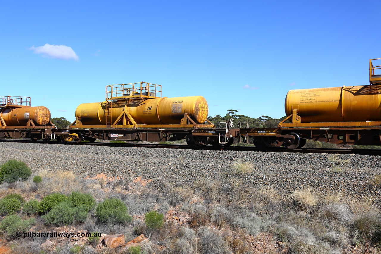 161111 2523
Binduli, Kalgoorlie Freighter train 5025, waggon AQHY 30056 with sulphuric acid tank CSA 0083, originally built by the WAGR Midland Workshops in 1964/66 as a WF type flat waggon, then in 1997, following several recodes and modifications, was one of seventy five waggons converted to the WQH type to carry CSA sulphuric acid tanks between Hampton/Kalgoorlie and Perth/Kwinana.
Keywords: AQHY-type;AQHY30056;WAGR-Midland-WS;WF-type;WFDY-type;WFDF-type;RFDF-type;WQH-type;