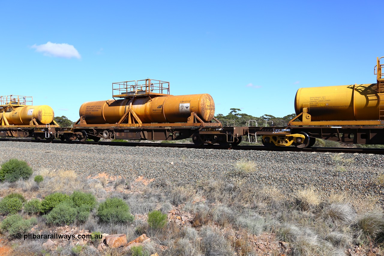 161111 2524
Binduli, Kalgoorlie Freighter train 5025, waggon AQHY 30082 with sulphuric acid tank CSA 0112, originally built by the WAGR Midland Workshops in 1964/66 as a WF type flat waggon, then in 1997, following several recodes and modifications, was one of seventy five waggons converted to the WQH type to carry CSA sulphuric acid tanks between Hampton/Kalgoorlie and Perth/Kwinana.
Keywords: AQHY-type;AQHY30082;WAGR-Midland-WS;WF-type;WFP-type;WFDY-type;WFDF-type;RFDF-type;WQH-type;